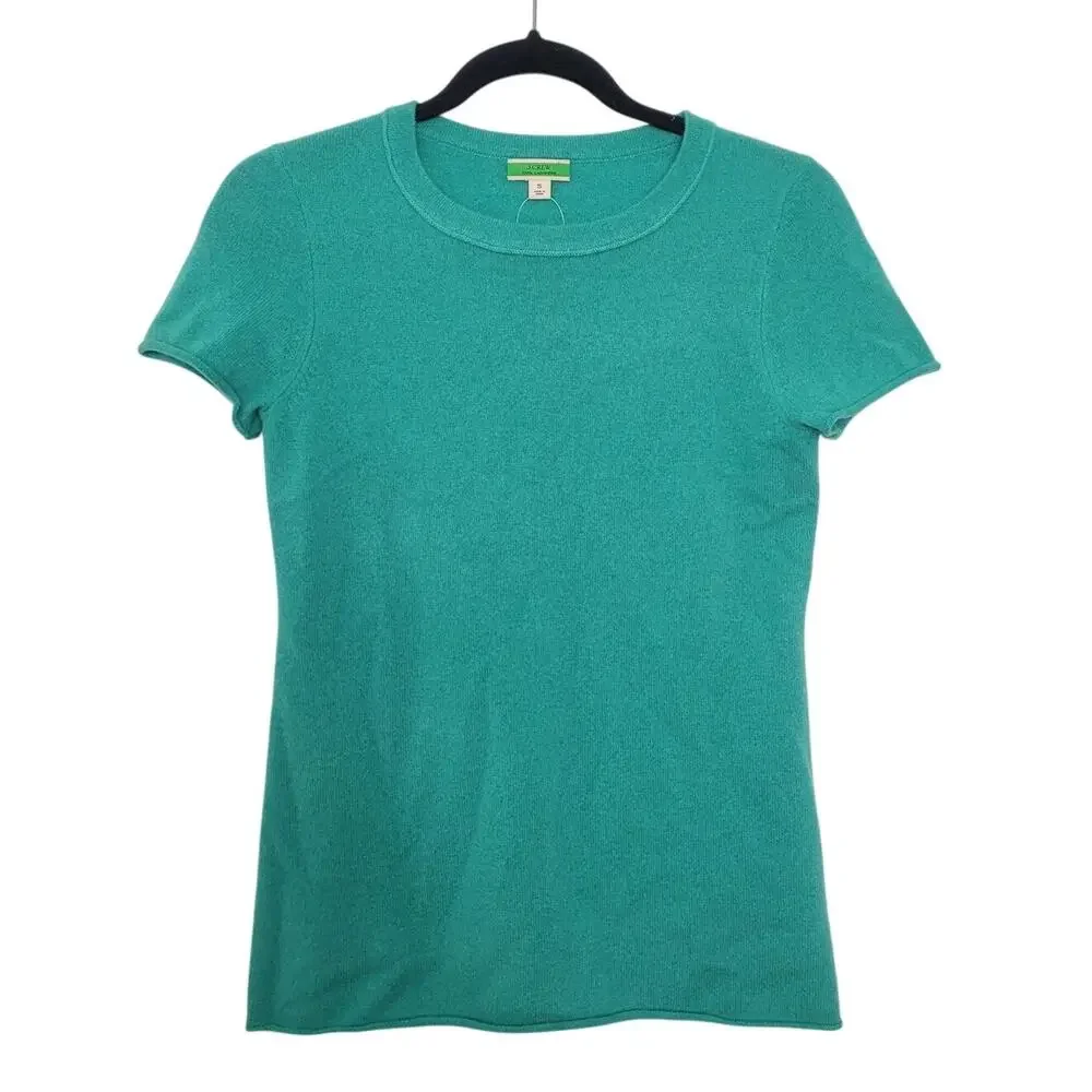 NWT J Crew 100% Cashmere T Shirt Sweater Size S Aqua Green Preppy Office Twee